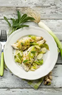 Roasted Sea Bream Fillets with Leeks