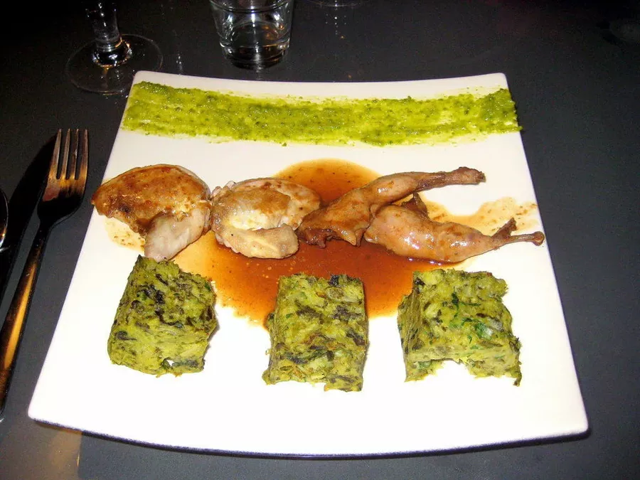 Quail, pistachio cream, cabbage stew