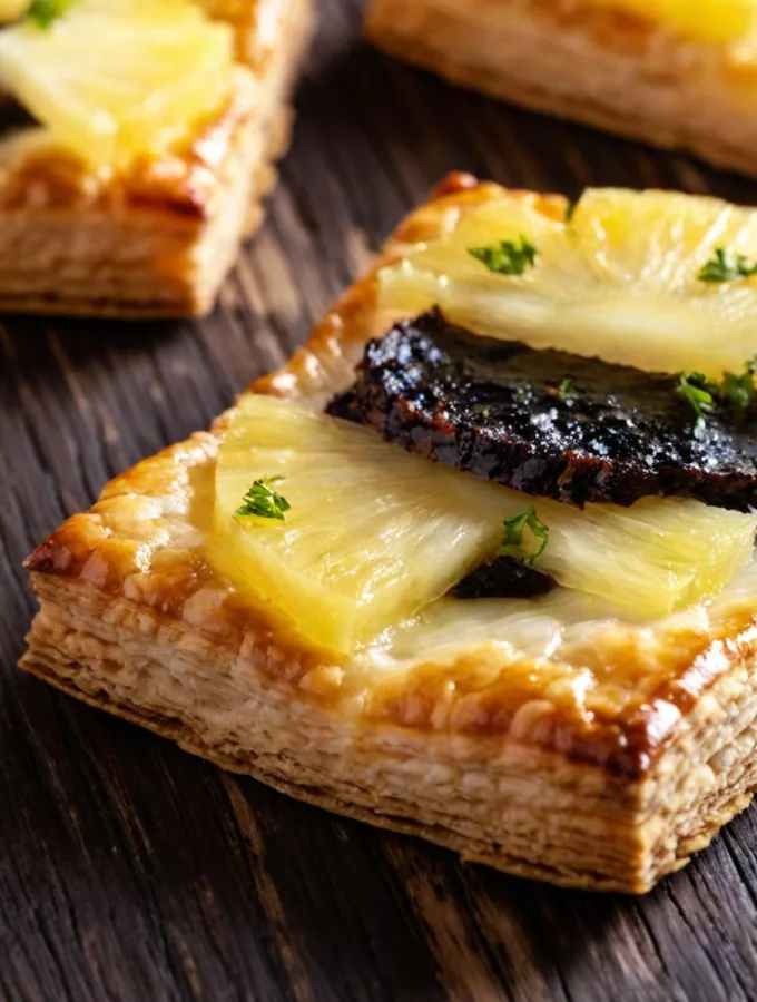 Carrés de boudin noir, feuilleté à l&rsquo;ananas