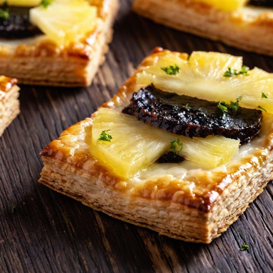 Squares of blood sausage with pineapple puff pastry