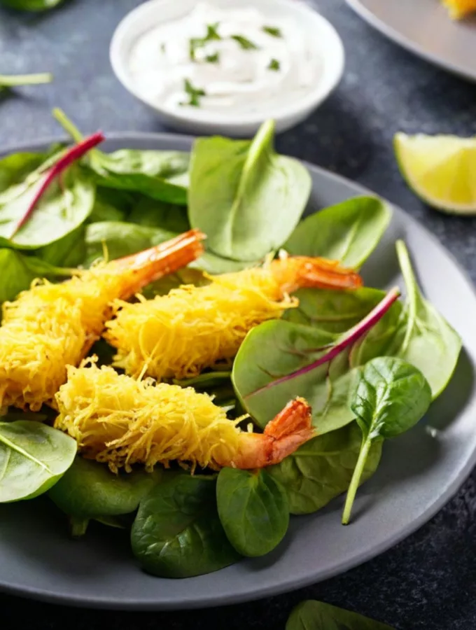 Crevettes Kadaïf, pousses d’épinards