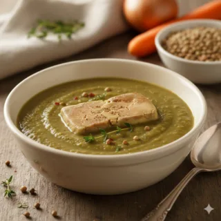 Cream of lentil soup with semi-cured foie gras