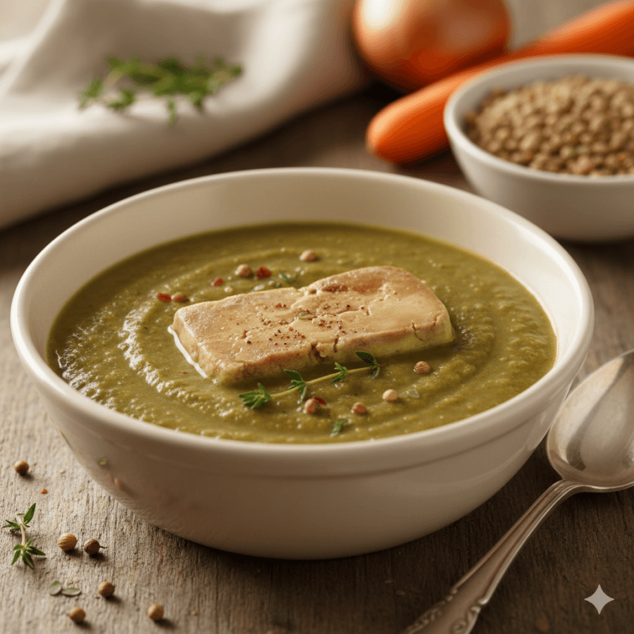Cream of lentil soup with semi-cured foie gras