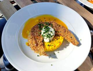 Breaded squash on a bed of pumpkin soup