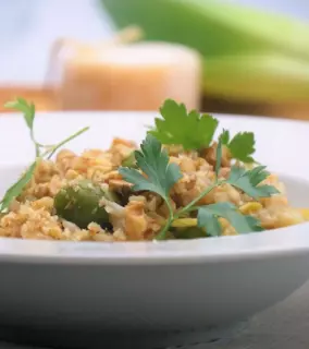 Risotto with leeks, sheep's milk cheese, and olives