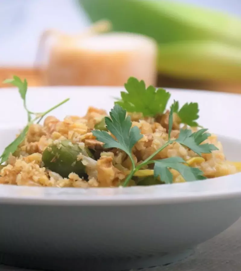 Risotto with leeks, sheep's milk cheese, and olives
