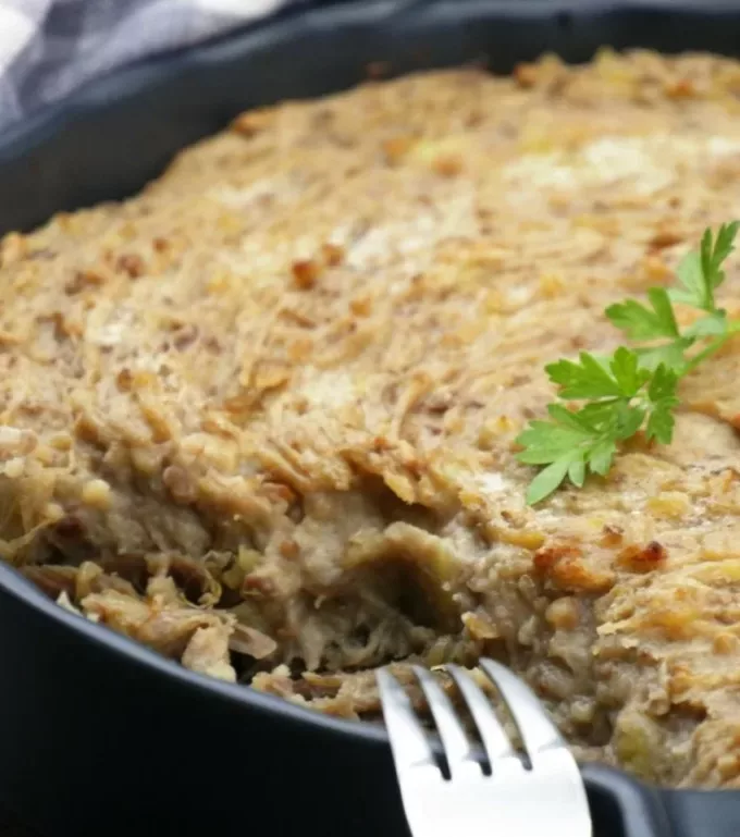 Parmentier de canard confit, châtaignes, cèpes