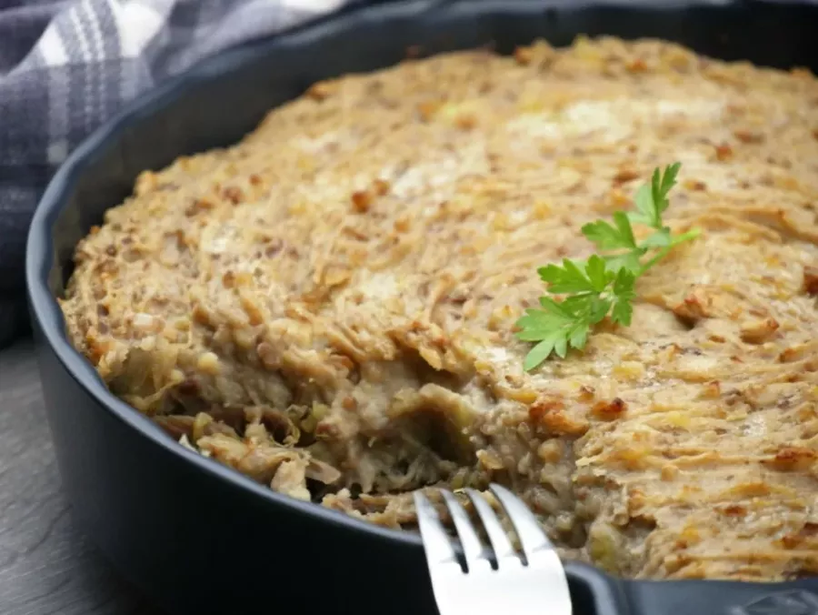 Confit duck parmentier with chestnuts and porcini mushrooms