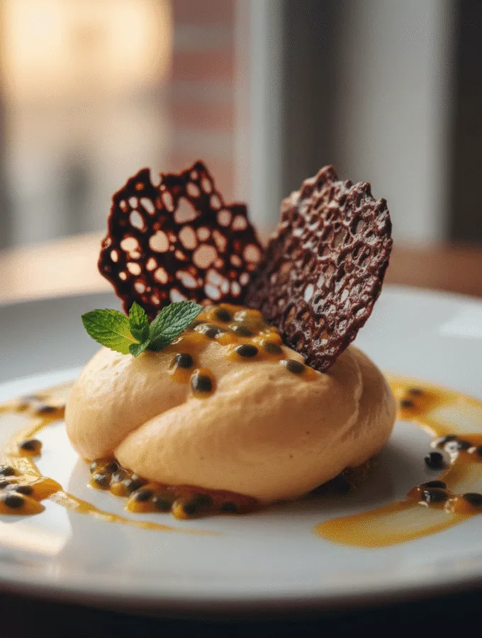 Mousse de fruit de la passion, tuiles chocolat Mousse de fruit de la passion, tuiles chocolat
