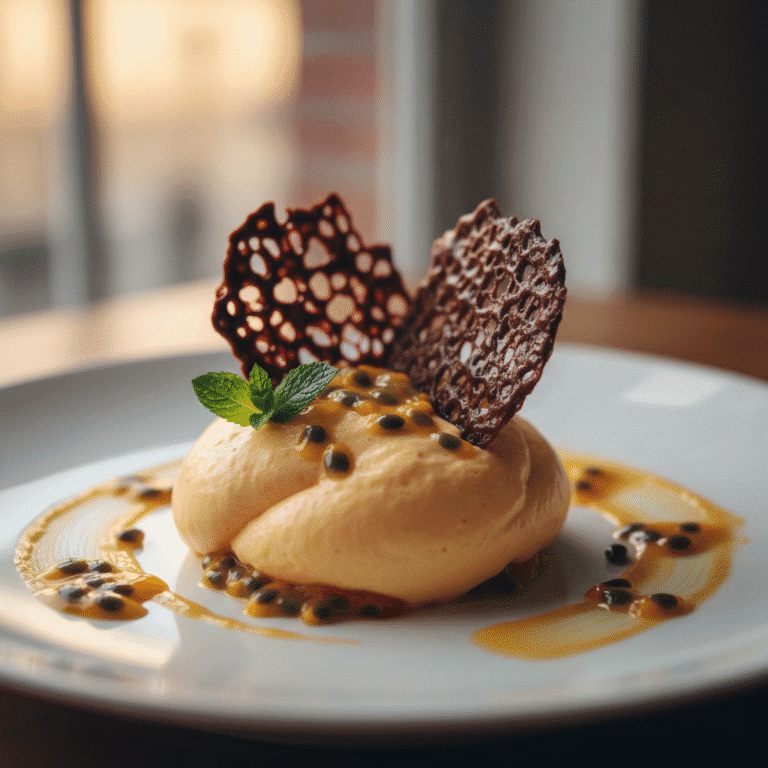 Mousse de fruit de la passion, tuiles chocolat Mousse de fruit de la passion, tuiles chocolat