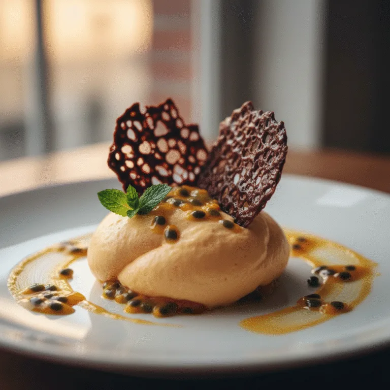 Mousse de fruit de la passion, tuiles chocolat Mousse de fruit de la passion, tuiles chocolat