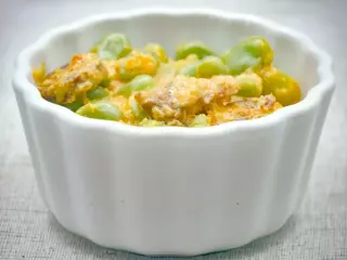 Baked Broad Beans with Cream and Chorizo
