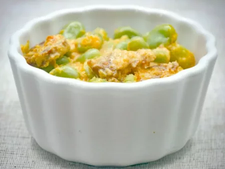 Baked Broad Beans with Cream and Chorizo