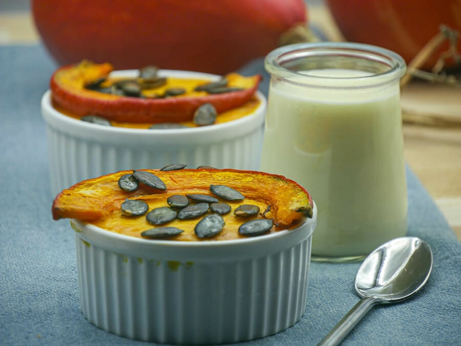 Butternut Squash Flan in a Ramekin with Cheese Sauce