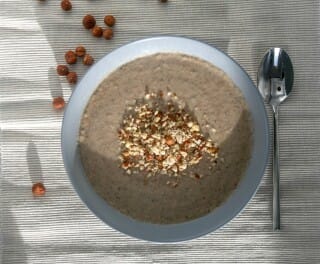 Cream of parsnip, mushroom, and hazelnut soup