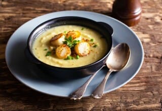 Jerusalem Artichoke Cream Soup, Seared Scallops, Parmesan Crumble