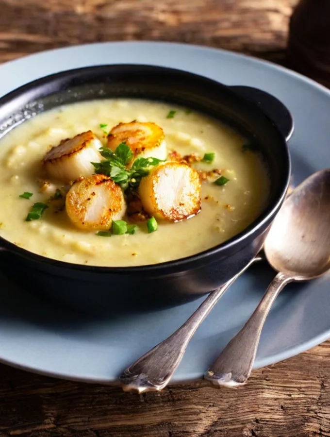 Crème de Topinambour, Saint-Jacques Rôties, Crumble Parmesan