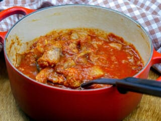 Swiss chard stem stew with Toulouse sausage