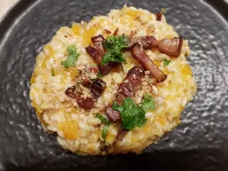 Butternut squash risotto with grilled bacon and walnuts