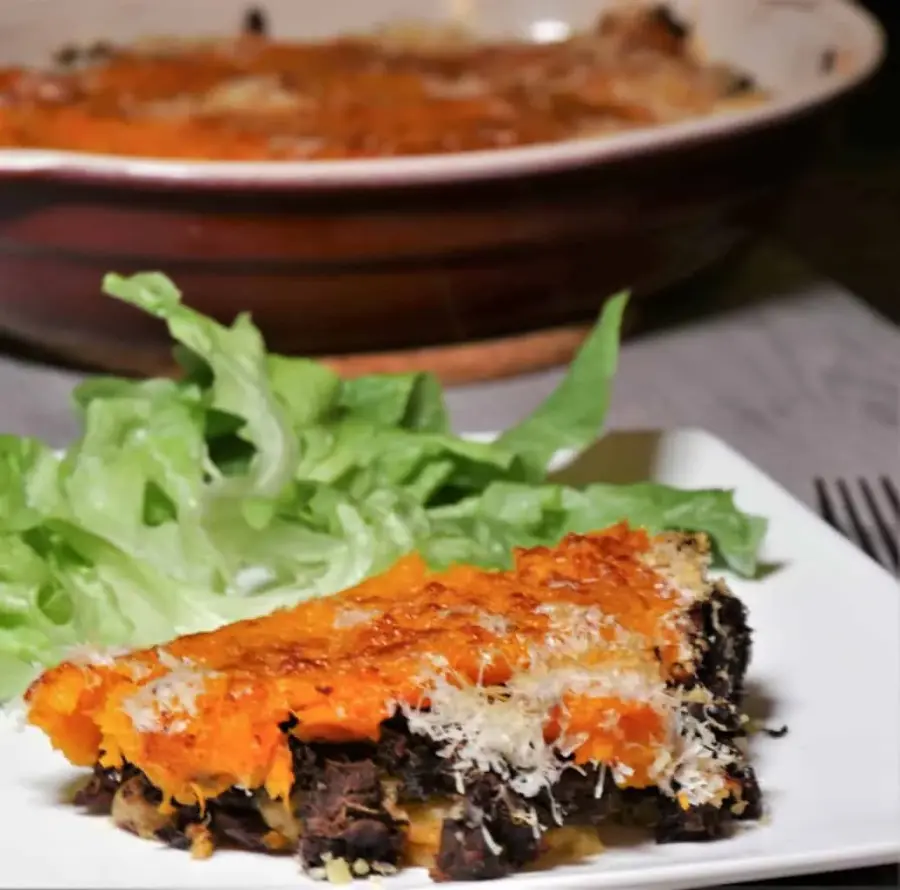 Butternut squash parmentier with blood sausage